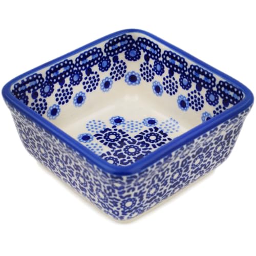 Authentic Polish Pottery Square Bowl 4-inch in Rings Of Happiness Design Handmade in Boles?awiec Poland + Certificate of Authenticity