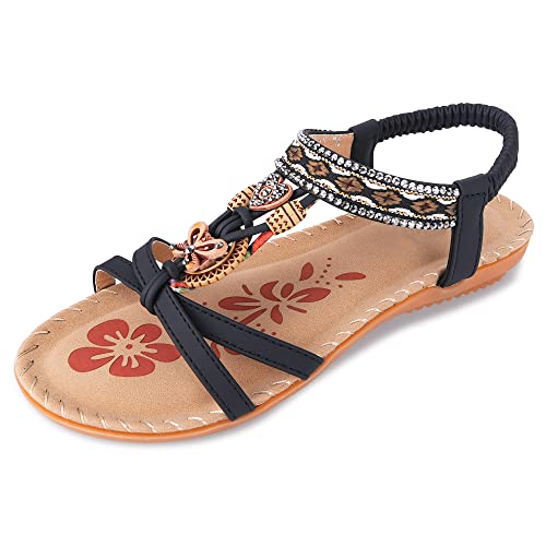 Women's Flats Sandals Summer Bohemian Beaded Dress Shoes Comfort with Elastic Ankle Strap Women Flats Open Toe Sandal