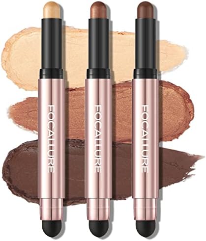 FOCALLURE 3 Pcs No Crease Eyeshadow Sticks,Shimmer & Matte Eye Shadow Crayon Set with Blending Sponge Brush,Smooth Texture Cream Eye Highlighter Pen,Long Lasting Waterproof Eyeshadow Brightener Stick Makeup,the West Coast
