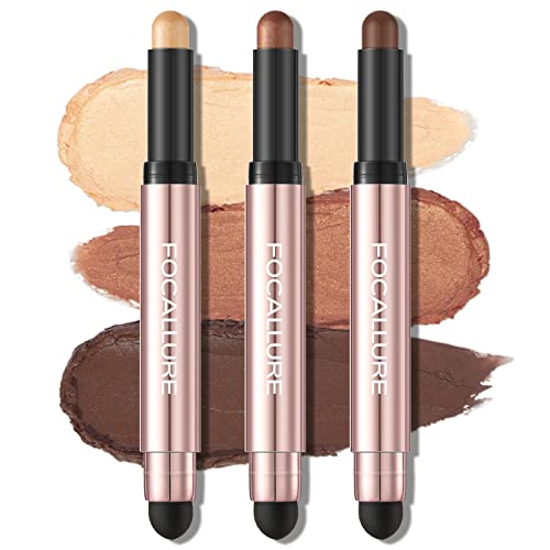 Focallure 3 Pcs No Crease Eyeshadow Sticks,Shimmer & Matte Eye Shadow Crayon Set With Blending Sponge Brush,Smooth Texture Cream Eye Highlighter Pen,Long Lasting Waterproof Eyeshadow Brightener Stick Makeup,The West Coast #TOP18