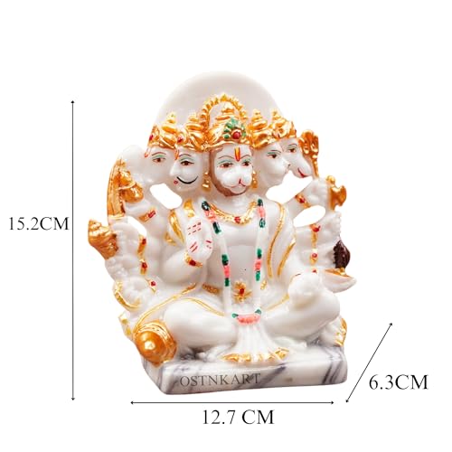 Image of Resin Hanuman Ji Murti Panchmukhi Hanuman for Door Entrance Temple Home & Office Decor Living Room Decoration Gift for New House Warming ceramony, 12.7 x 6.3 Cm, Marble White