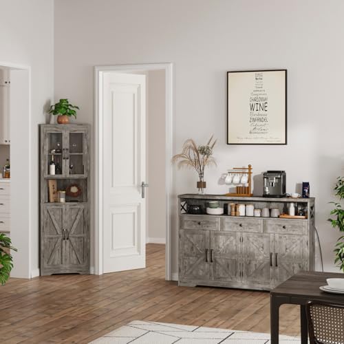 Image of 51 inch Farmhouse Buffet Sideboard Cabinet with Drawers and Barn Doors, Storage | Cabinet with Shelf, Kitchen Pantry Cabinet Hutch, Coffee Bar Station for Kitchen, Dining, Living room, Washed Grey