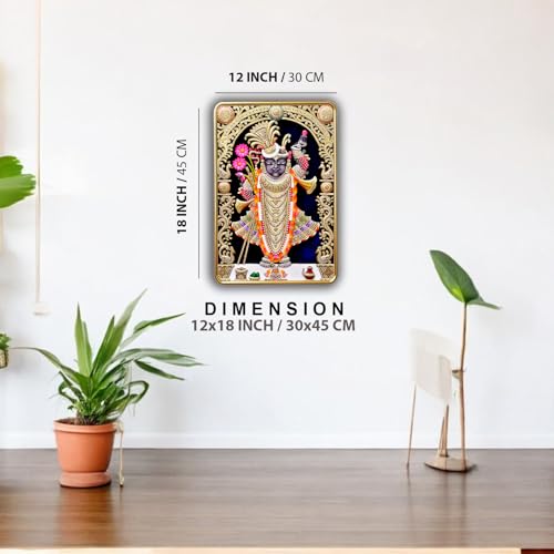 Image of Dharvika Innovations Shrinathji photo frame for wall decoration, paintings for living room, golden slim frame with sparkle coated lamination, painting wall decoration 2415 (12x18 Inch) (Without Glass)