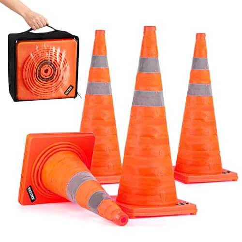 BATTIFE 4 Pack 28 Inch Collapsible Traffic Cones, Orange Safety C...