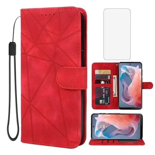 Wanyuexes Case for Moto G Play 2024 4G Case, Moto G Play Gen 3 Wallet Case with Tempered Glass Screen Protector, Leather Flip Credit Card Holder Stand Phone Cover for Motorola Moto G Play 2024 4G Red