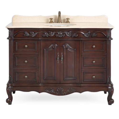 Benton Collection 48 Inch Beckham Bathroom Vanity with Cream Marble Stone Top, Traditional Style, Single Sink, Matching Mirror, 6 Drawers, Antique Bronze Hardware, Fully Assembled