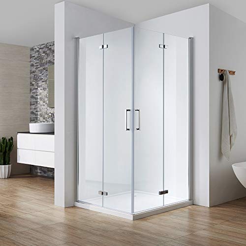 Shower folding door in corner with diagonal entry, 75 x 75 cm, folding door 180°, corner entry swivel folding door, height 195 cm, 6 mm tempered safety glass, nano real glass, shower enclosure with