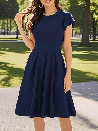 Image of oxiuly Women's Flounce Sleeve Wedding Church Vintage Dresses Casual Floral Party Cocktail Work Dress with Pockets Fei376