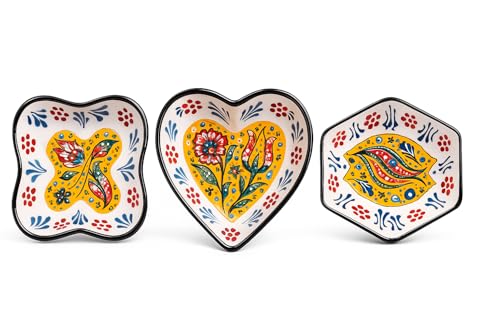 JRose Collections Set di 3 ciotole in ceramica dipinte a mano, piatti da portata decorativi a forma di cuore, quadrati ed esagonali, design floreale in stile turco, per snack, noci e salse, set regalo