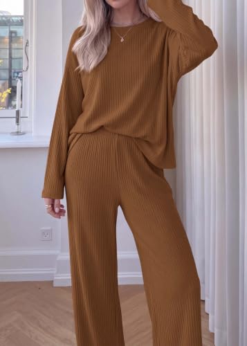 KIRUNDO Fall Ribbed Knit 2 Piece Lounge Set Women(Caramel, XX-Large) — view 5