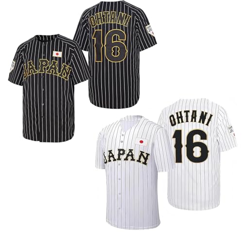 野球ユニフォーム 大谷翔平 ユニホーム 16番 日本代表 侍ジャパン 刺繍 試合 リラックス ファン 野球ファン 記念シャツ 半袖 ブラック ホワイト 非公式 (ブラック,L)