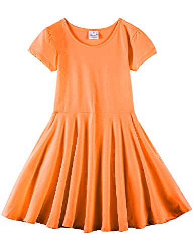 Noomelfish Girls Short Puff Sleeve Dress Summer Casual Knit Swing Twirl Skater Dresses with Pockets, Orange, Size 7-8 Years