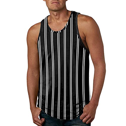 FASLOLSDP Hombres Casual Primavera Verano Sin Mangas Rayas Estampado O Cuello Camiseta Camiseta Camiseta Blusa Tops Hombre Conjunto, Negro , M Cover