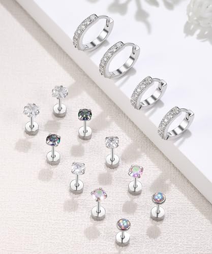 Flat Back Stud Cartilage Earrings for Women Surgical Stainless Steel Earring Sets Stack for Sensitive Ears Multiple Piercing Silver Screw Back 5
