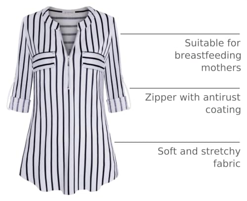 Image of Bulotus 3 /4 Length Sleeve Womens Striped Tops Zipper V Neck Collared Blouses Business Casual Tunics 2026 Spring Trendy