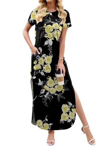 Image of Heymoments Womens Summer Maxi Dress Short Sleeve Casual Loose Long T Shirt Split Vacation Beach Sundress with Pockets