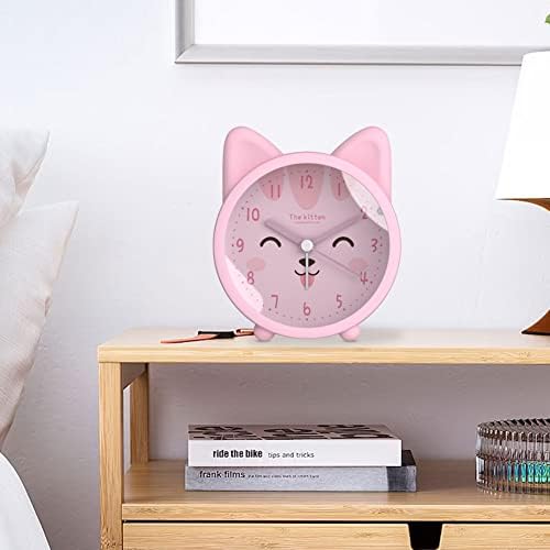Cute Animal Alarm Clock for Kids, Non-Ticking Rabbit/Cat/Deer Clock, Desk Bedside Silent Alarm Clock with Backlight (Cat,Pink)