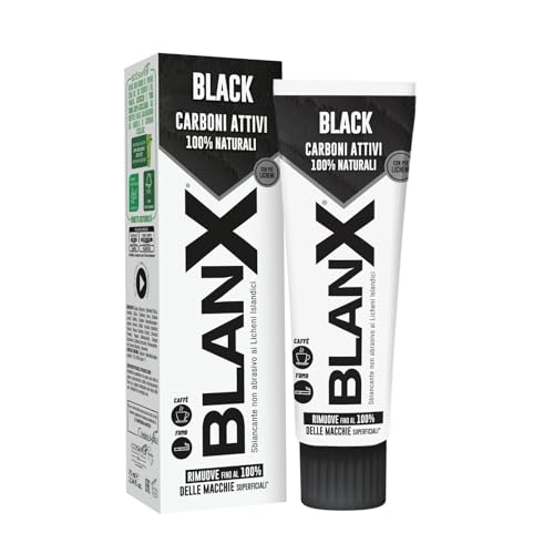 Blanx Black Zahnpasta 75 ml x 12, Aufhellende Zahnpasta mit isländischen Flechten und Aktivkohle, 100% natürlich, entfernt Flecken von Kaffee, Rauch und Tee, vegan