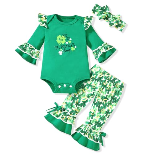 HINTINA 0-3 Months Baby Girl St. Patrick's Day Outfits Infant First 1st Saint Paddy's Day Bell Bottom Flare Pants Shamrock Clothes Clothing Set