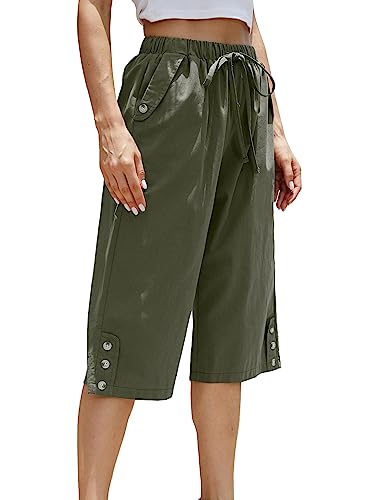WROLEM Women Pocket Pants Lightweight Wide Leg Drawstring Elastic Waist Yoga Lounge Cropped Pants, Green, M