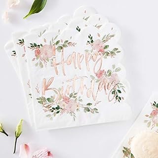 Ginger Ray Rose Gold Foiled Floral Happy Paper Party Tableware 16 Pack, Birthday Napkins