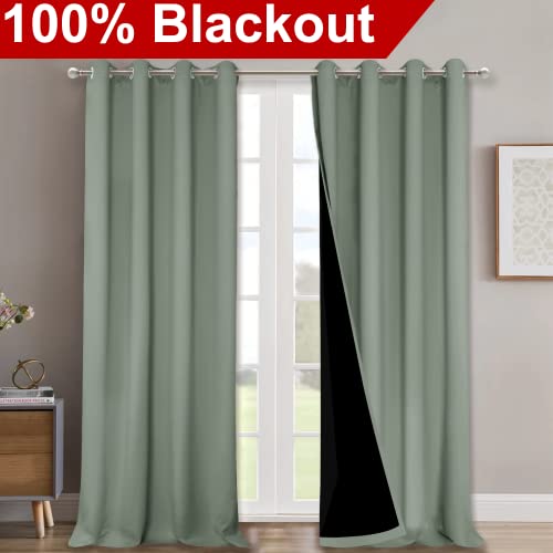 Image of NICETOWN Full Shading Curtains for Windows, Super Heavy-Duty Black Lined Blackout Curtains for Bedroom, Privacy Assured Window Treatment (Greyish Green, Pack of 2, 52 inches W x 95 inches L)