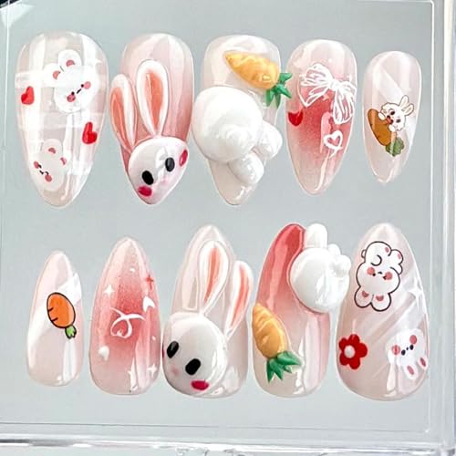 24pcs Cute Rabbit Press on Nails Medium Almond Fake Nails Easter Cartoon Bunny & Cute Carrot Flower Print Design Glue on Nails Artificial Manicure Kawaii False Nails Full Cover Finger for Women