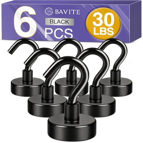 E BAVITE Black Magnetic Hooks, 30LB Strong Neodymium Magnet Hook for Cruise, Grill, Towel, Indoor Hanging, Kitchen, Workplace, Office and Garage - 6 Pack