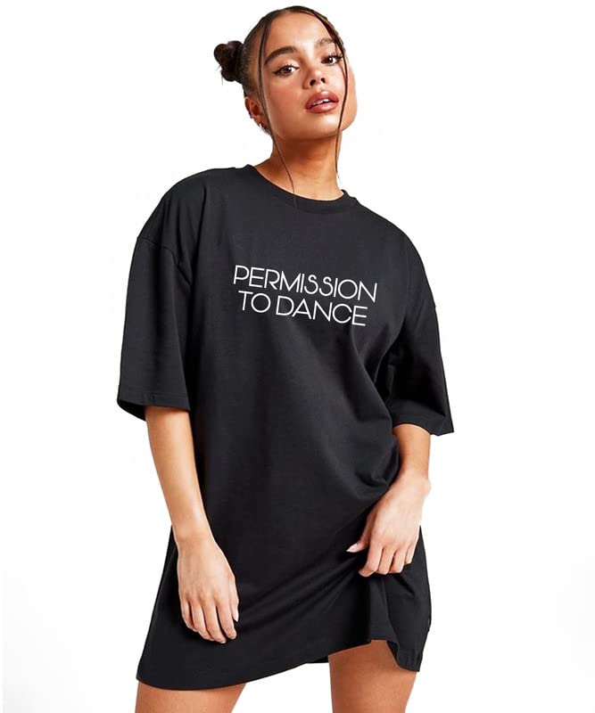 Cotton Oversized T Shirts for Women Casual Printed Baggy Oversized Round Neck Drop Shoulder Back Printed Tshirt Black T-Shirt Print- Permission to Dance-picture-58