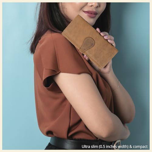 Image of Real Leather Women Wallet Leather with RFID Blocking -Trifold Card Holder Designer Ladies Clutch with ID Window Wallets, Cognac, Small, Vintage, Minimalist