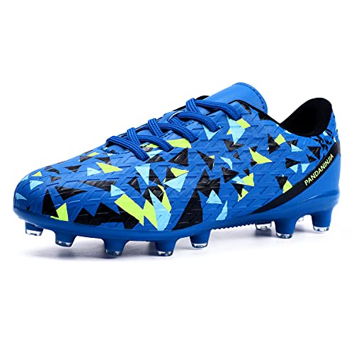 PANDANINJIA Kids Soccer Cleats Boys Girls Unisex-Child Atheletic Outdoor Comfortable Football Shoes for Little Kid Big Kid (Blue, 6 M US Big Kid)