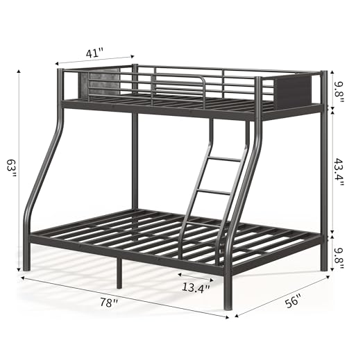 soges Metal Bunk Bed Twin Over Full Size with Upholstered Board, Ladder & Guardrail, Heavy Duty Bed Frame for Teens Adults, Black