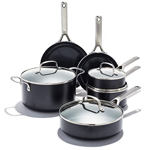OXO Agility Series 10 Piece Cookware Pots and Pans Set, Ceramic Nonstick PFAS-Free, Induction, Skillets,Saucepans,Lids,Even Heating,Stainless Steel Handles,Chip-Free Rims,Dishwasher & Oven Safe,Black