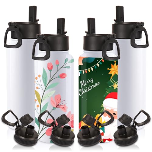 Image of Volhoply Sublimation Insulated Water Bottles Blank Bulk 4 Pack, 32 oz Stainless Steel Sports Bottle with Straw, Double Walled Vacuum Metal Water Flask with Wide Mouth(Sublimation,4)
