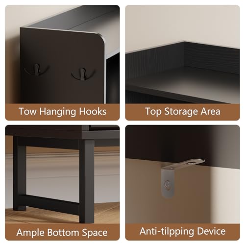 Image of Shoe Cabinet with 2 Flip Drawers, Freestanding Hidden Shoe Storage Organizer for Entryway, Narrow Slim Shoe Rack Cabinet with Open Storage & Hooks for Front Door Entrance, Living Room, Hallway, Black