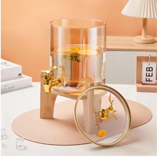 Image of 1 Pc 3.8 LTR Glass Water Beverage Dispenser with Wooden Stand & Golden Spigot and Deer Topper for Juice, Beer,Cocktails, Detox Drinks & More Perfect for Home, Restaurant,Bar, Party