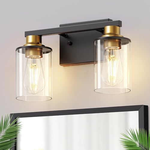Image of DORESshop Bathroom Light Fixtures, 2-Light Black and Gold Bathroom Lights Over Mirror with Clear Glass Shade, Vanity Lights for Hallway Bedroom Living Room, ETL Listed