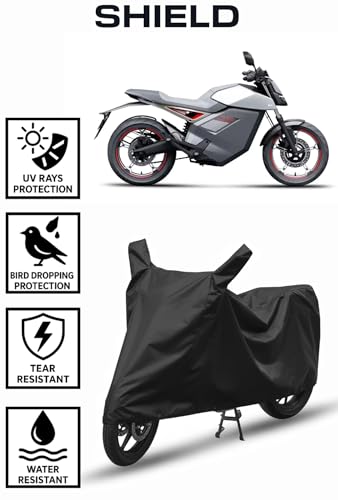 Image of Shield Heavy Duty Bike /scooty Cover for Ola Roadster | All-Season, Tear-Proof Fabric | with Side Mirror Pocket & Buckle Belt | Roadster Bike Cover (Black)