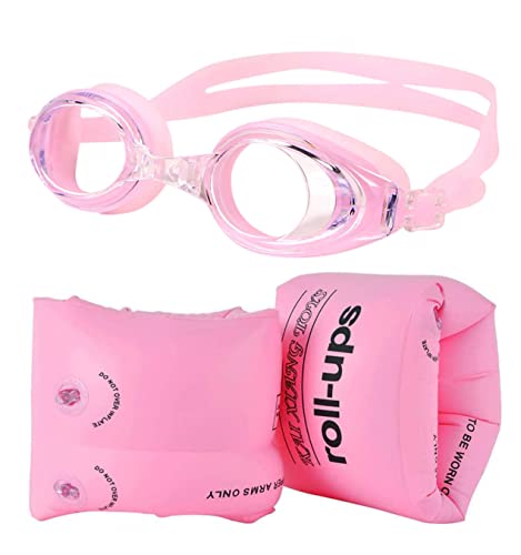 Topsung Arm Floaties for Women Men Youth Swim Trainer Floaties and Swimming Goggles with Anti-Fog Inflatable Swim Arm Bands Floater Sleeves for Adults