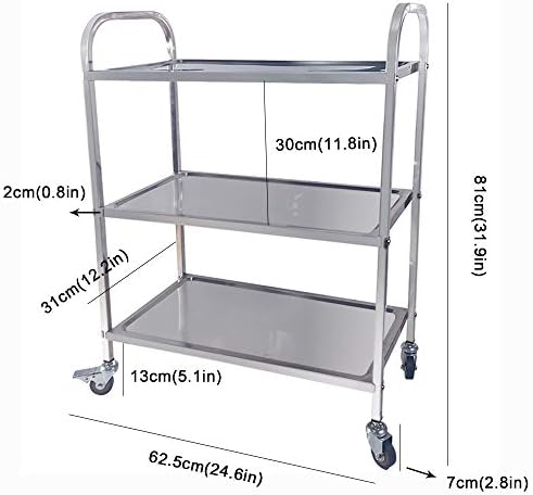 TAIMIKO Large Stainless Steel Utility Cart 3 Tiers Kitchen Trolley Rolling Carts Restaurants Serving Trolley Storage Cart With Locking Wheels ,Garage,Restaurants ,Hotels (625x315xH800MM,3 Tiers)