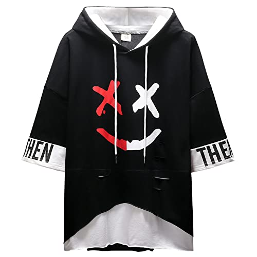 Men's Hoodie Sweater Short Sleeve T shirt with Hood Pullover Graphic Colorblock Hip Hop Streetwear Unisex Loose