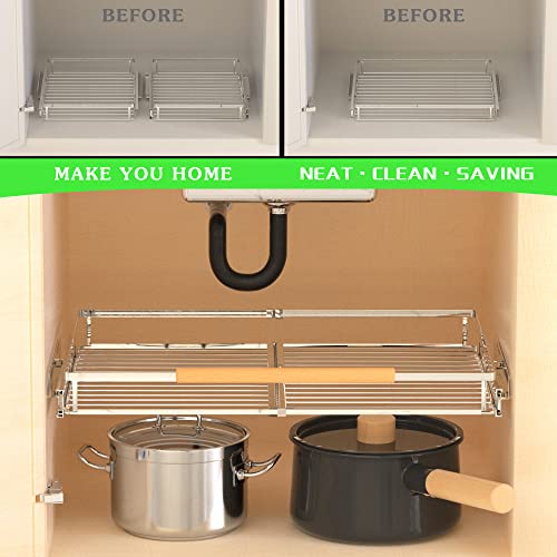 Sofron Pull Out Drawer Cabinet Organizers, Expandable Heavy Duty Slide Out Storage Shelf For Home Kitchen Pantry Cupboard Pots Pans, Adjustable Width From 16.2" To 26.2", Stainless Steel 1 Pack #TOP7