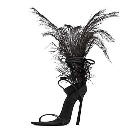 Bopchk Black Feather Sandals for Women Ostrich Hair Decor Thin High Heels Dance Shoes Ladies Fur Sandals T Show Party Shoes3