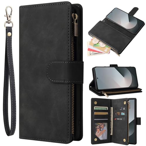 Étui portefeuille Galaxy Z Fold 6 Asuwish en cuir noir avec porte-cartes et support