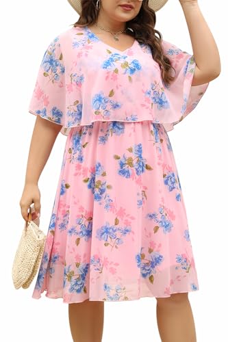 Image of Keluummi Plus Size Wedding Guest Dress for Curvy Women, Boho Floral Empire Waist Midi with Sleeve