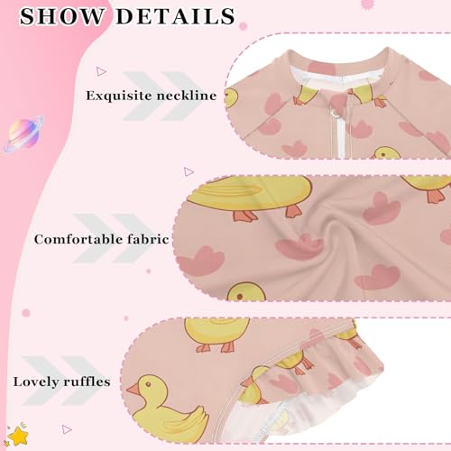 Cute Yellow Duck Pattern Girls Long Sleeve Swimsuit Rash Guard One Piece Bathing Suits Zipper 3-12T4