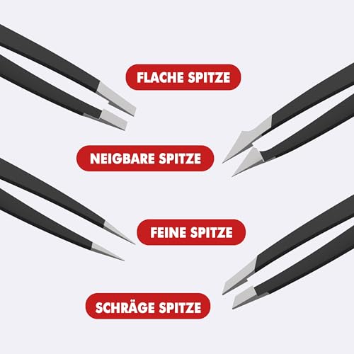SK STAHLWAREN Pinzetten-Set 4-teilig – Professionelle Profi Präzisionspinzetten aus hochwertigem Edelstahl – Spitzpinzette für eingewachsene Haare, Barthaare, Wimpern & Augenbrauen – inkl. Etui