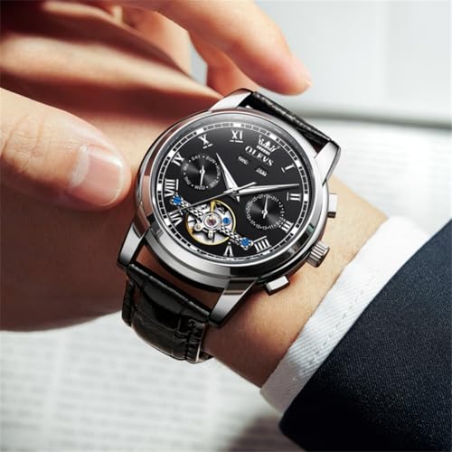 Image of OLEVS Mechanical Dress Mens Watches Square Brown Leather Strap Moon Phase Skeleton Tourbillion Day Date Waterproof Luminous Men's Wrist Watches