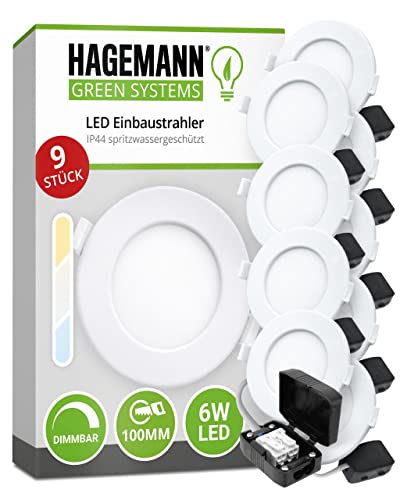 HAGEMANN® 9 x LED Einbaustrahler dimmbar IP44 6 Watt 420lm Ø 105 mm Bohrloch 230V spritzwassergeschützte Badezimmer Einbauleuchte ultra flach 26mm Einbautiefe Cover