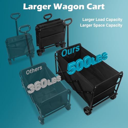Image of Collapsible Wagon Cart with Wheels Foldable: 500LBS Heavy Duty Folding Utility Wagon - Portable All Terrain Grocery Wagon Cart for Groceries Shopping Outdoor Camping Sports (Black-500Lbs)